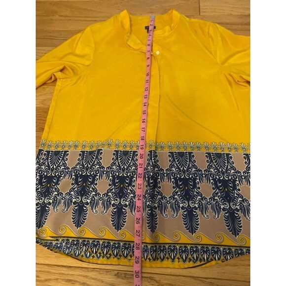 J. Crew, women’s gold/blue patterned long sleeve button front blouse size large - Picture 9 of 9